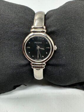 Pulsar Watch Women Silver Tone Black Dial 20MM Bangle Band New Battery 6"